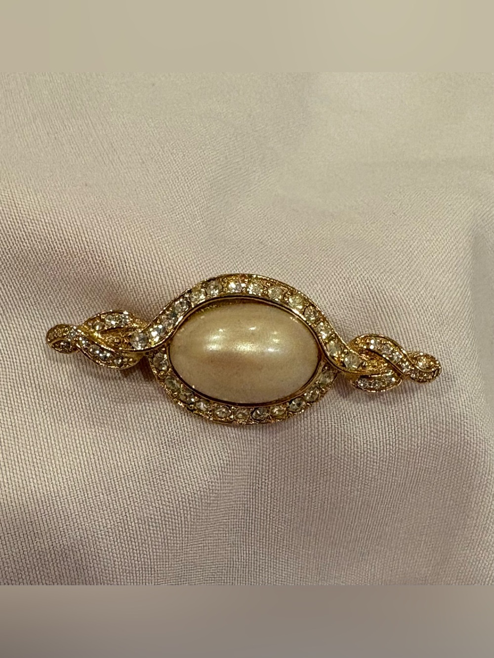 Vintage Givenchy Bar Brooch Oval Faux Pearl w/ Rhinestones